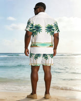 Men's Plus Size White Hawaiian Coconut Tree Positioning Print Short Sleeve Shorts Set