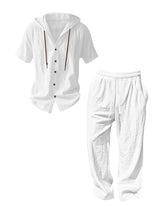S-3XL Hooded Cotton Linen Short Sleeve Shirt Trousers Set
