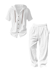 S-3XL Hooded Cotton Linen Long Sleeve Shirt Trousers Set