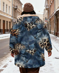 Women's Leopard-Print Feather-Print Velvet Thickened Long Hooded Coat