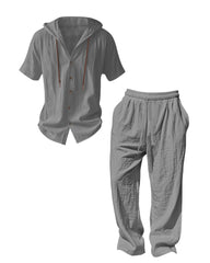 S-3XL Hooded Cotton Linen Long Sleeve Shirt Trousers Set