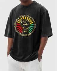 S-5XL Juneteenth Freedom Day 1865 Fist And Chains Printed Washed-Denim Look T-Shirt