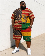 Big & Tall Men's 1776 Broken Handcuffs Reggae Color Matching US Flag Printed Crewneck Short Sleeve T-Shirt Shorts Set