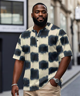 Men's Plus Size Daily Casual Blue Gradient Plaid Print Henry Collar Button Short Sleeve T-Shirt