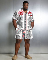 Men's Large Size Symmetrical Print Short Sleeve Shirt And Shorts Set