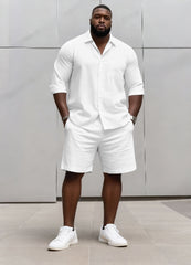 Big & Tall Men's Business Solid Color Long Sleeve Shirt Shorts Set