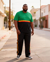 Big & Tall Men's Green And Black Contrast Striped Printed T-Shirt Pants Set