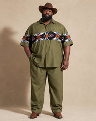 Big & Tall Men's Army Green Navajo Tribe Silhouette Print Short Sleeve Shirt Pants Set