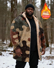 Big & Tall Men's Hunting Style Vintage Puzzle Camouflage Printed Velvet Thickened Long Hooded Coat