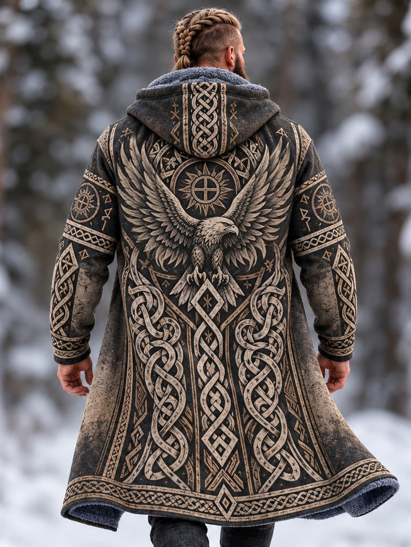 Men's Vintage Viking Eagle Celtic Knot Art Print Fleece-lined Warm Mid-length Zip Up Hooded Coat