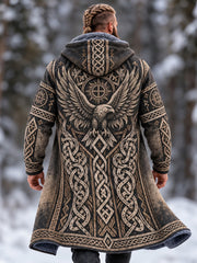 Men's Vintage Viking Eagle Celtic Knot Art Print Fleece-lined Warm Mid-length Zip Up Hooded Coat
