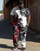 Men's Plus Size Street Fashion Skull Feather Rose Print T-Shirt Trousers Suit
