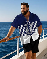 Men's Plus Size Anchor Stripe Patchwork Print Short Sleeve Shirt