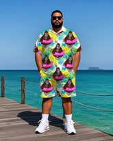 Big Men's Hawaiian Cartoon Chimpanzee in Swim Ring Printed Casual Short Sleeve Shirt Shorts Set