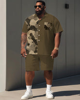 Men's Plus Size Simple Casual Retro Camouflage Colorblock Printed Pocket Shirt Shorts Suit