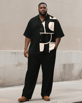 Men's Plus Size Simple Black Khakis Geometric Print Short-sleeved Shirt Trousers Suit