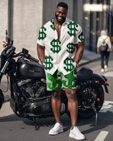 Big Man's Street Biker Style Green My World Creative Dollar Print White Short Sleeve Shirt Shorts Suit