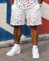 Big & Tall Men's 250 Anniversary Red And Blue Star Printed Crewneck Short Sleeve T-Shirt Shorts Set