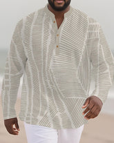 Big & Tall Men's Light Gray Leaf Print Bamboo Hemp Texture Henry Collar Long Sleeve Shirt