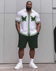 Big & Tall Men's Daily Casual Green Side Skull Love Shirt Shorts Suit