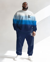 Men's Blue Gradient Colorblock K Letter Print Plus Size Round Neck Sweatshirt Suit