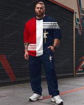 Men's Plus Size Blue And Red Color Block Striped K Letter Printed Long Sleeve T-shirt Trousers Suit