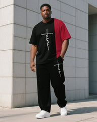 Men's Plus Size Simple Striped Color Block Cross Letter Print T-shirt Trousers Suit