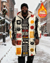 Big & Tall Men's Black, White, Red And Yellow Abstract Geometric Printing Velvet Thickened Long Hooded Coat