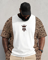 Big & Tall Men's Geometric Stitching Crown Print Round Neck Short Sleeve T-shirt Shorts Set