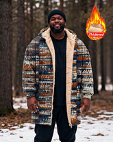 Big & Tall Men's Vintage Distressed Striped Printed Velvet Padded Long Hooded Coat