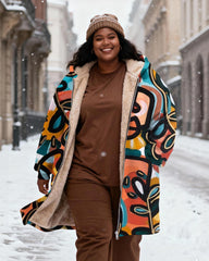 Women's Colorful Abstract Graffiti Print Velvet Thickened Long Hooded Coat