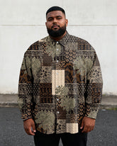 Big & Tall Men's Vintage Brown Geometric Floral Print Long Sleeve Shirt