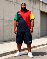 Big & Tall Men's Red And Black Contrast Letter Printed POLO Short Sleeve Shorts Set