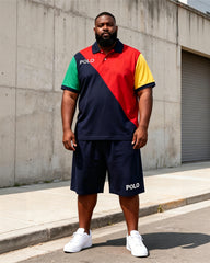 Big & Tall Men's Red And Black Contrast Letter Printed POLO Short Sleeve Shorts Set