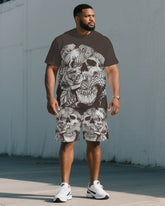 Men's Plus Size Chocolate Skull Rose Print Short Sleeve T-Shirt Shorts Suit
