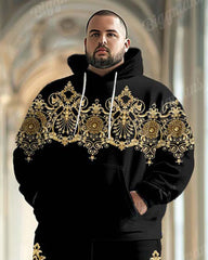 Men's Classical Luxury Pattern Black Big and Tall Hoodie Set