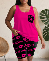Women's Plus Size Daily Casual Rose Red Letter Lip Print Pocket Vest Shorts Suit