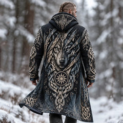 Men's Vintage Viking Wolf Celtic Knot Art Print Fleece-lined Warm Zip Up Hooded Coat