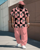 Men's Plus Size Pink Round Geometric Print T-Shirt Trousers Suit