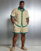 Men's Large Size Geometric Contrast Short Sleeve Shirt Shorts Set