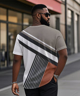 Men's Plus Size Daily Casual Grey Patchwork Striped Printed Henry Collar Button Short Sleeve T-Shirt
