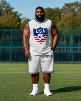 Big Men's USA Uniform Football Pattern Printed Round Neck Basketball Vest and Shorts Set