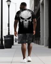 Defy Limits with Punisher Skull Men's Skeleton Black Print Big & Tall Short Sleeve T-shirt Shorts 2-Piece Set
