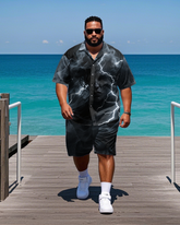 Big Men's Gothic Style Face in Lightning Smog Printed Short-Sleeve Shirt and Shorts Set