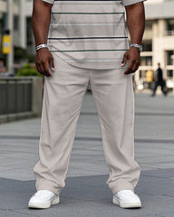 Men's Plus Size Apricot Striped Short Sleeve T-Shirt Trousers Suit