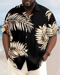 Men's Plus Size Hawaiian Black Art Leaf Print Short Sleeve Slub Shirt