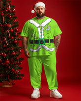 Men's Plus Size Christmas Green Santa Cosplay Printed T-Shirt Trousers Suit