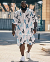 Men's Plus Size Street Fashion White Graffiti Gesture Print Shirt Shorts Suit