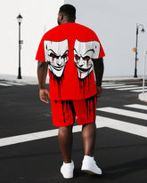Big & Tall Men's Punk Style Bloody Mask Back Print Outdoor Summer Short-Sleeve T-shirt 2-Piece Set
