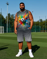 Men's Big Size Sport Fashion Colorful Ink Splash Football Printed Round Neck Vest and Shorts Set